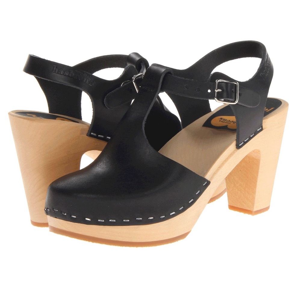 Swedish Hasbeens T-strap High Black Leather Shoes